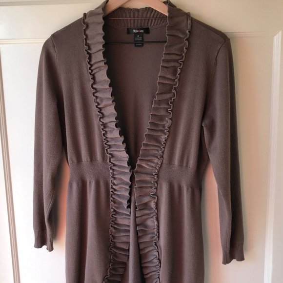 Style & Co. Sweaters - Style & Co. Long-Sleeve Ruffle-Trim Cardigan Brown